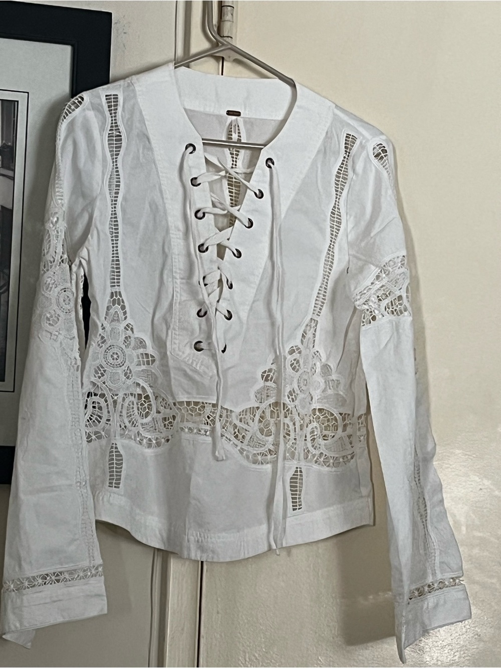 Free People White Lace-Up Crochet Peasant Blouse